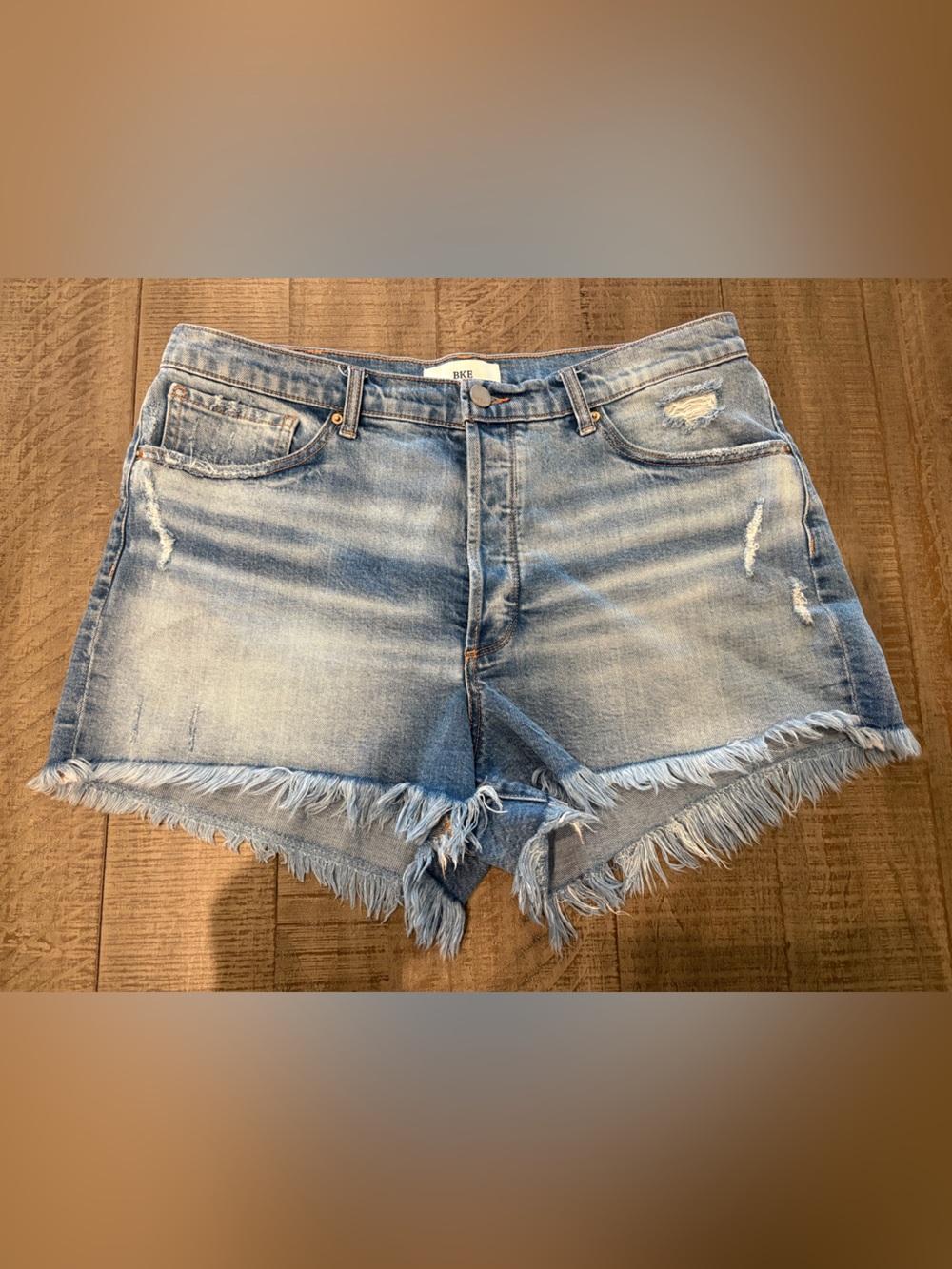 BKE Billie Light Wash Distressed Denim Shorts with Frayed Hem
